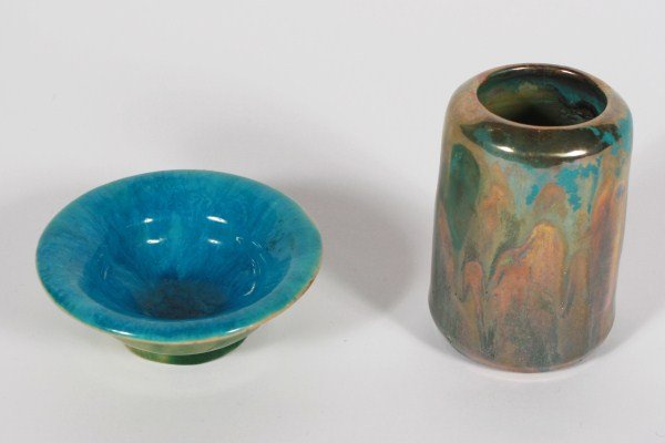 Pewabic Pottery Vase and Bowl: Pewabic pottery vase and bowl. 20th century. Pottery vase having iridescent glaze, along with a pottery bowl having teal and green glazes. Both with impressed "Pewabic Detroit" circular stamps to unde