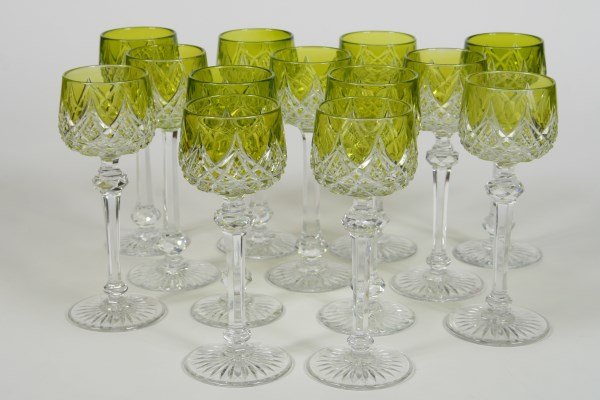 Set of Baccarat Wine Glasses in "Colbert" Pattern: Set of (13) Baccarat green Rhine wine glasses in "Colbert (cut)" pattern. French, 20th century. All glasses are acid etched Baccarat France circular mark to base. Height 7 3/4", 2 5/8" at widest point
