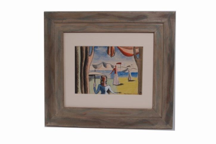 Edgar Yaeger (1904-1977), Untitled: Edgar Yaeger (American, 1904-1977), Untitled. Watercolor and graphite on paper. Depicting female figures with umbrellas. Signed lower right: "Edgar Yaeger". Image 6 3/4" x 9 1/2", frame 16 1/4" x 18 1