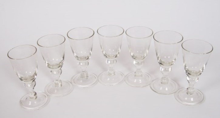 Set of Seven Hand-blown Cordial/Wine Glasses: Set of seven hand-blown cordial/wine glasses. Unmarked. Height 6". Provenance: From the Estate of Marylin B. Morison