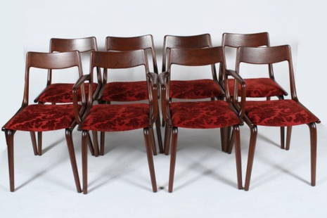 Group of 8 Erik Christensen â€œBoomerangâ€ Chairs: Group of 8 Erik Christensen â€œBoomerangâ€ chairs. Danish, 20th century. With two arm chairs and six side chairs, all having upholstered seats. Arm chairs: Height 31", length 21 1/4", depth 16