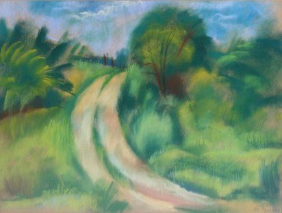 Francis de Erdely (1904-1959) "Country Road": Francis (Ferenc) De Erdely (Hungarian, 1904-1959) "Country Road" Pencil signed "de Erdely" lower right Pastel on paper Image:18" x 23 7/8" Framed: 25 3/4" x 31 5/8"
