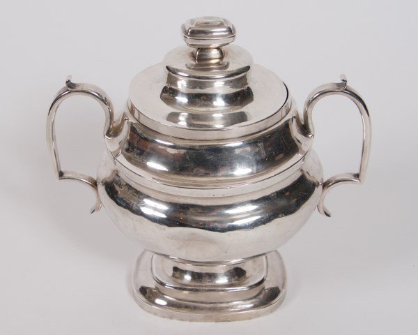 John Wesley Forbes Sterling Silver Pot With Lid: John Wesley Forbes sterling silver pot with lid. American, 19th century. Monogrammed. Height 8", width 8 1/4". 16.535 troy ounces. Provenance: From the Estate of Marylin B. Morison