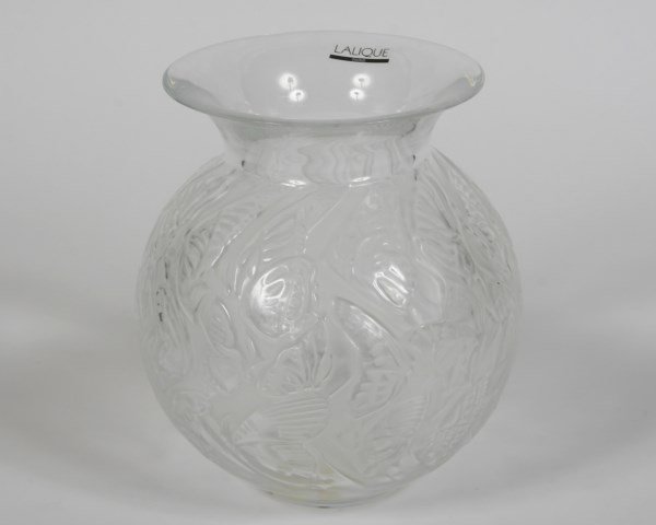 Lalique Crystal "Nymphale" Vase: Lalique crystal "Nymphale" vase. France, 20th century. With acid etched "Lalique France Â©" mark to underside. Height 8 1/2", diameter 6 1/2" at widest point.