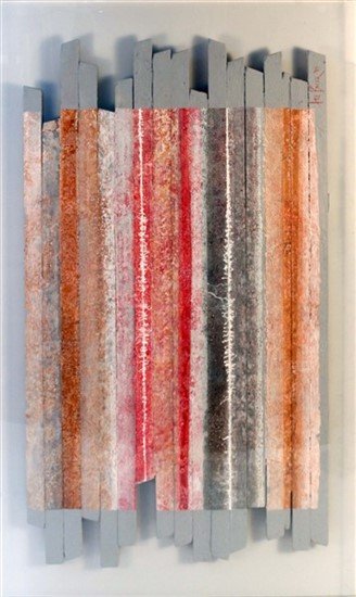 Lee Reynolds Burr (B. 1936) Untitled: Lee Reynolds Burr (American, born 1936). Untitled. Multimedia painting in plexiglass shadowbox. Height 48 1/8", width 30 1/4", depth 3 1/4".