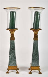 Pair of Neoclassical Style Candlesticks: Pair of Neoclassical-style candlesticks. American, 20th century. Manufactured by Chapman Manufacturing Company. Pair of Neoclassical-style candlesticks having a marble standard and rising on brass fee