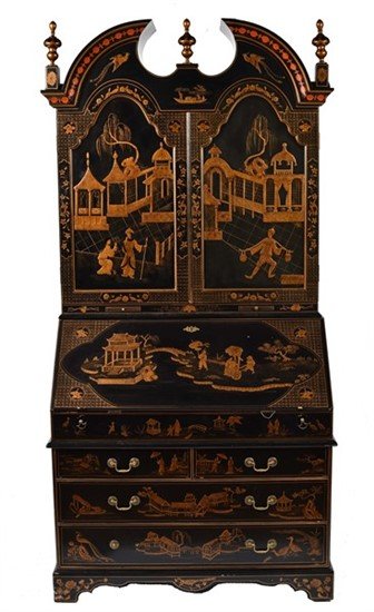 A George II-Style Chinoiserie Lacquered Secretary: A George II-style lacquered secretary. American, 20th century. Manufactured by Mainland Smith Ltd. In two parts, the superstructure having a broken arch pediment over a molded cornice and two domed do