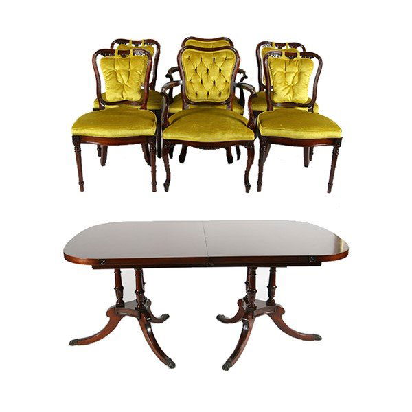 Duncan Phyfe style Dining Table w/ 6 Chairs: Duncan Phyfe style dining table Table: Length 72", Width 42", Height 30" Rectangular table with rounded corners. Double pedestal legs with three posts each. Metal claw feet and additional carved organ