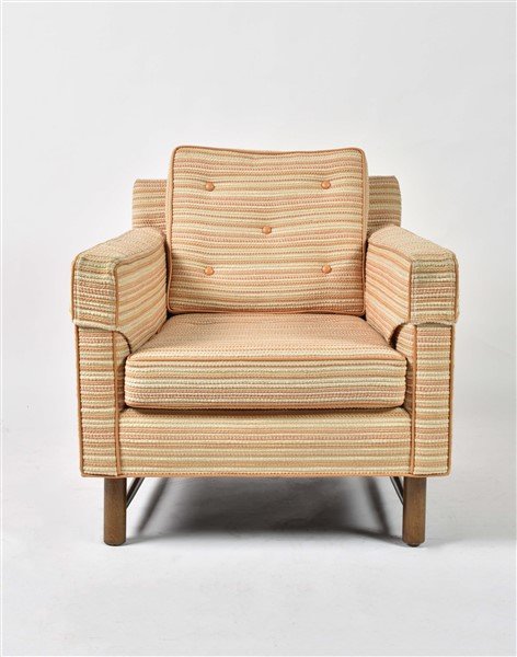 Lounge Chair Attributed to Edward Wormley: Lounge chair attributed to Edward Wormley American, 20th century Height 28 1/4", Width 28", Depth 32" Upholstered lounge chair having a tufted back and seat cushion, raised on wood frame connected wit