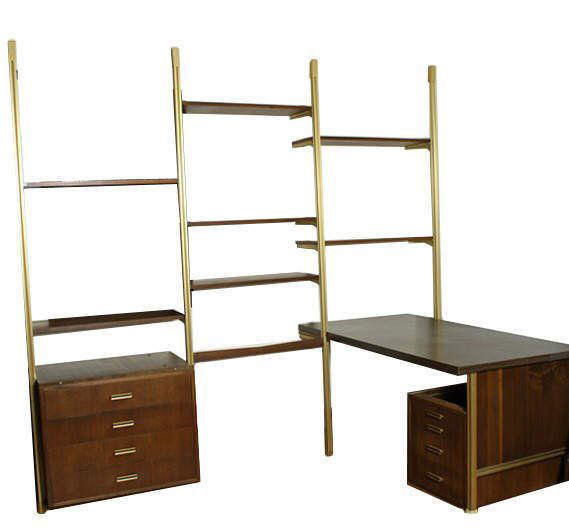 George Nelson Omni System Shelving Unit With Desk: George Nelson (American, 1908 - 1986) Omni system shelving unit with desk American, circa 1956 Desk: Height 33", Width 60", Depth 32". Brushed gold aluminum poles with walnut finished shelves. Made by