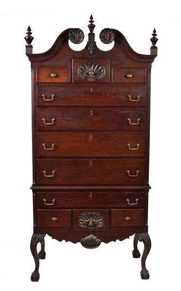 American Colonial Revival Bonnet-top Highboy: American Colonial Revival bonnet-top highboy American, late 19th to early 20th century Height 84", Width 38", Depth 19 1/2". Chippendale-style Colonial Revival mahogany highboy in two parts: The bonne