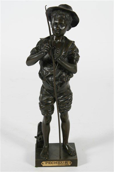 After Adolphe Jean Lavergne (1852-1901), "Pecheur": After Adolphe Jean Lavergne (1852-1901), French "Pecheur" Bronze Height 19", Width 5.25", Depth 3.75". Bronze boy untangling fishing line with included fishing pole. Inscribed on plaque on base: "PECH
