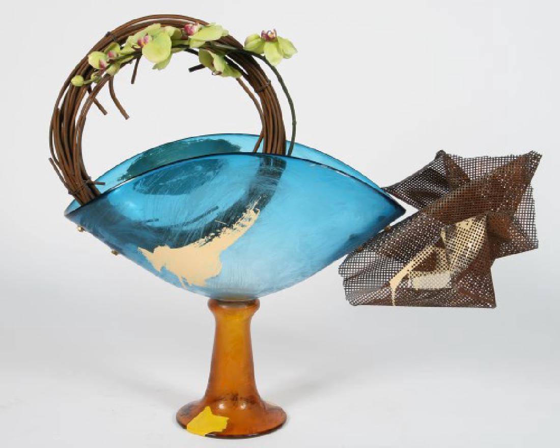 Tom Farbanish (B. 1963), Untitled: Tom Farbanish (American, born 1963) Untitled Mixed Media Height 26 3/4", Width 36 1/4", Depth 9 3/8". Blown glass and painted form on pedestal base with two metal freeform pieces attached. Signed "Far