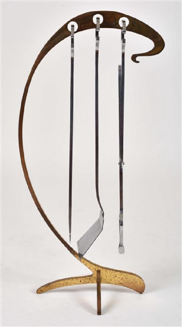 Jacques Charles, Ligne Inox fireplace set: Jacques Charles Ligne Inox fireplace set French, circa 1965 Brass and steel Height 29 1/4", Width 9 1/4", Depth 14 1/8". Four-piece modern design fireplace tool set.