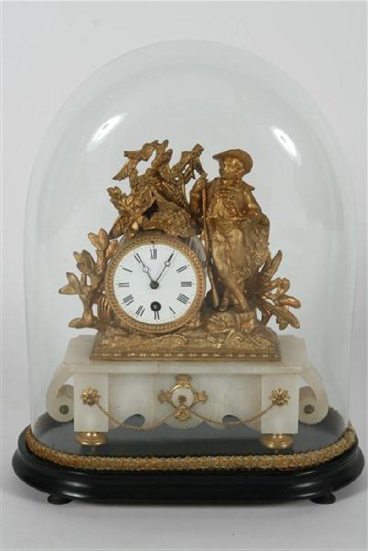 French Pastoral Figurative Clock with Dome: Early 19th century-style Neoclassical French figural clock. Clock: Height 12", Width 11", Depth 4" Dome: Height 15.75", Width 12", Depth 6". Gilt bronze pastoral figure set atop an alabaster base. Com