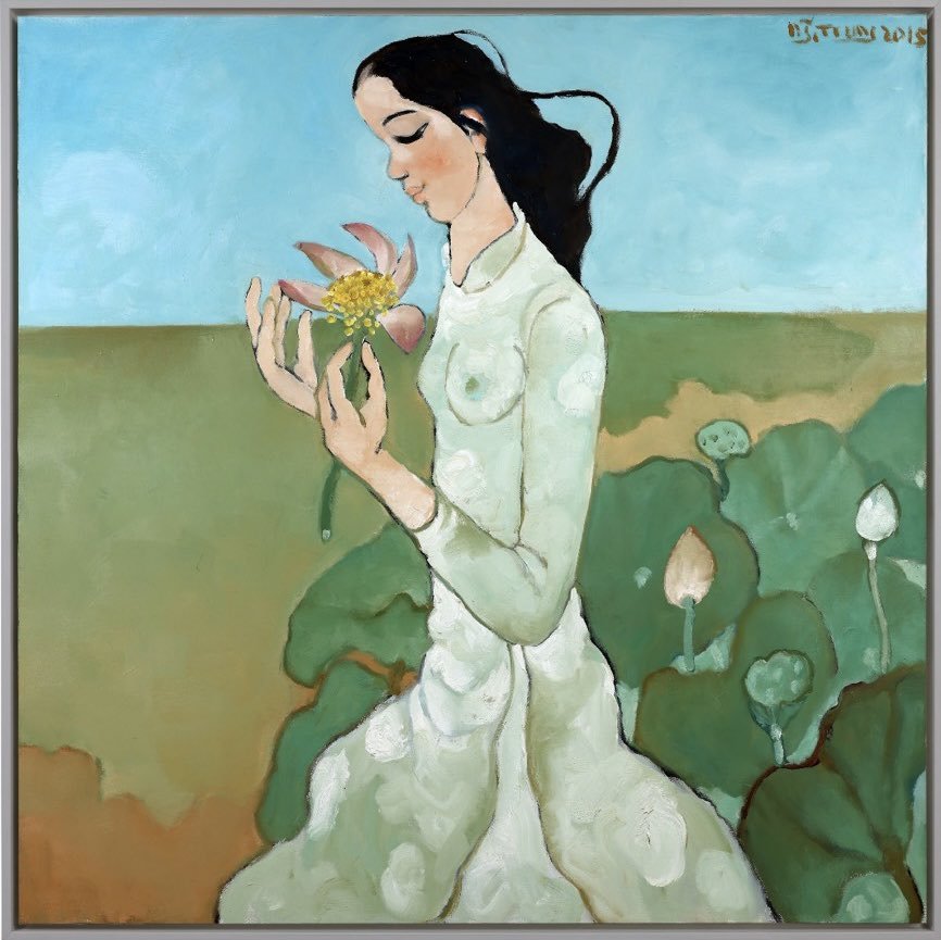 Nguyen Trung (Vietnam, 1940): Artist: Nguyen Trung (Vietnam, 1940)Artwork Title: Lady with LotusMaterial: Oil on canvasDimensions: 99.5 x 99.5 cm; 103.5 x 103.5 cm (with frame)