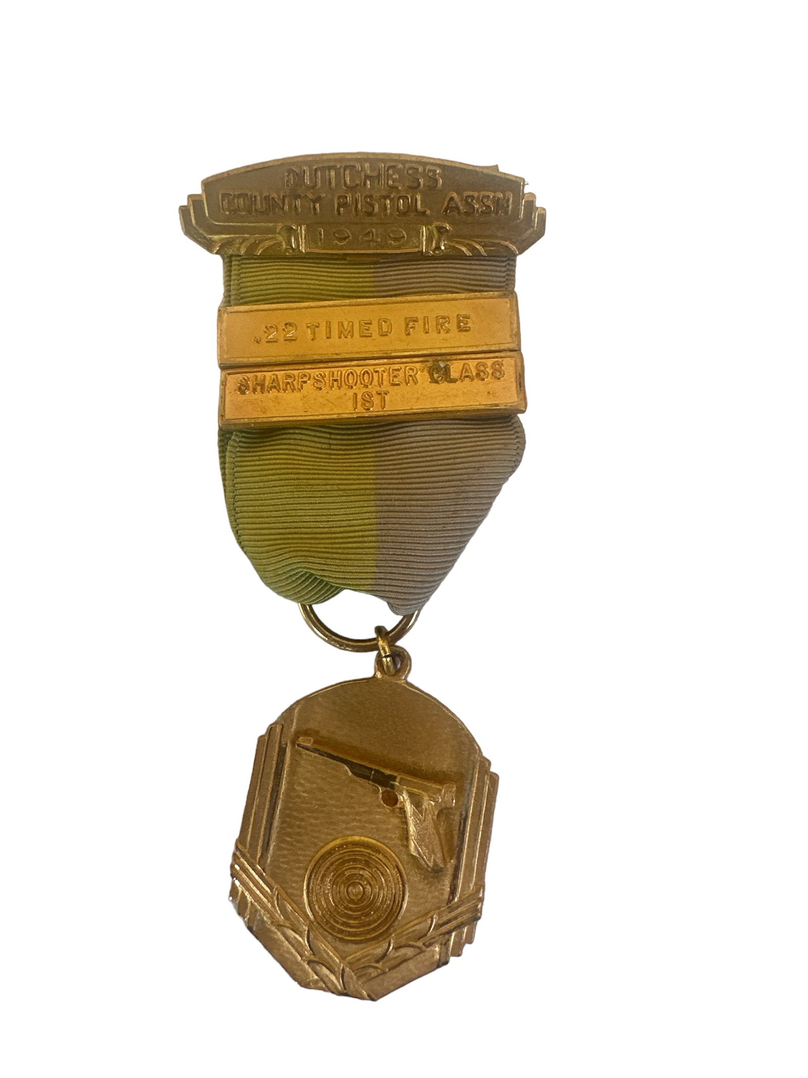 Vintage 1949 DUTCHES COUNTY PISTOL ASSN Medal. .22 TIMED Fire . SHARPSHOOTER CLASS 1st.: The Vintage 1949 Dutches County Association Medal for .22 TIMED FIRE. SHARPSHOOTER CLASS 1st. is a prestigious award that exemplifies exceptional marksmanship from the mid-20th century. Awarded by Pis