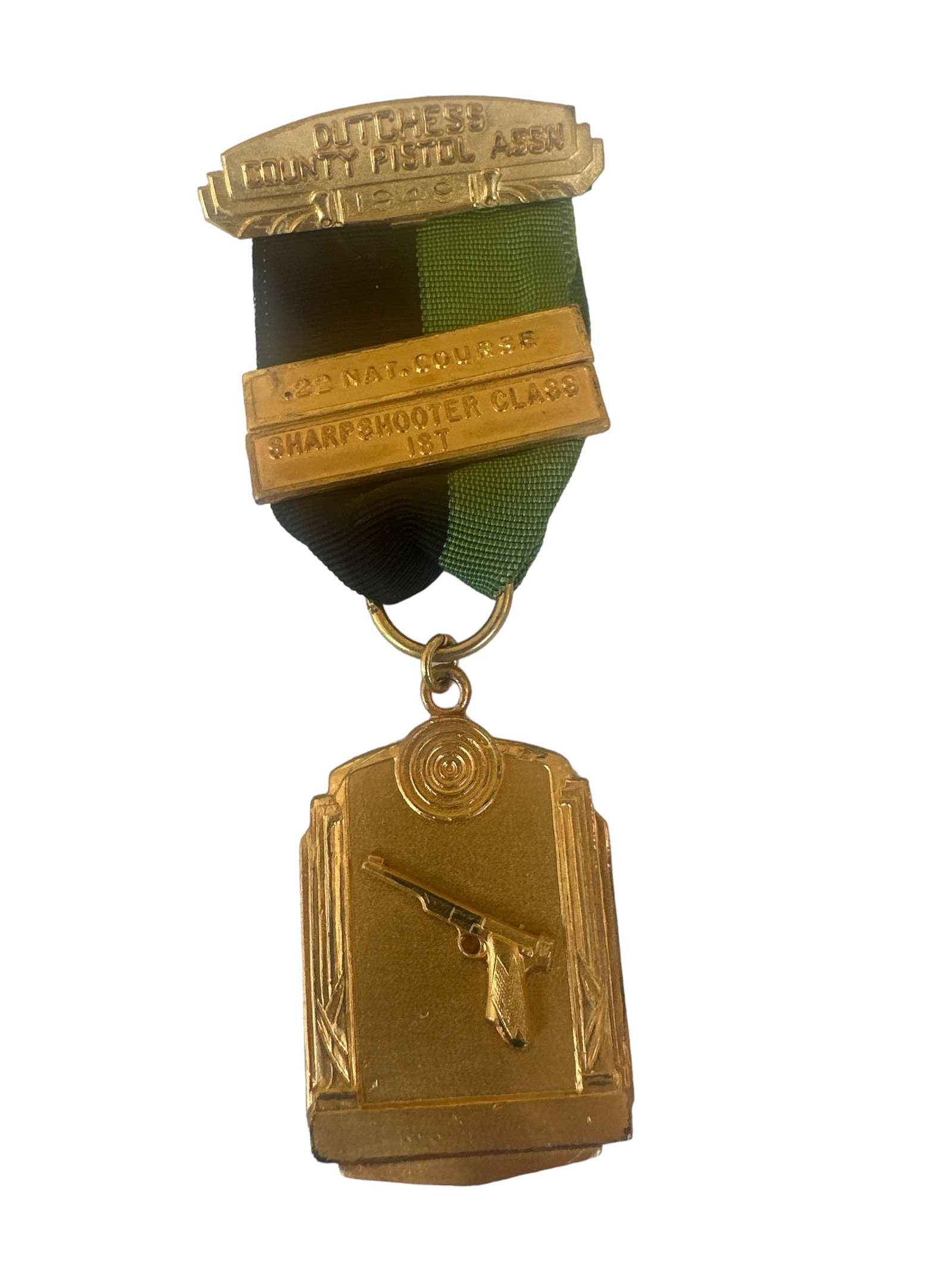 Vintage 1949 DUTCHES COUNTY PISTOL ASSN Medal. .22 NAT.COURSE . SHARPSHOOTER CLASS 1st.: The Vintage 1949 Dutches County Association Medal for .22 NAT.COURSE. SHARPSHOOTER CLASS 1st. is a prestigious award that exemplifies exceptional marksmanship from the mid-20th century. Awarded by Pis