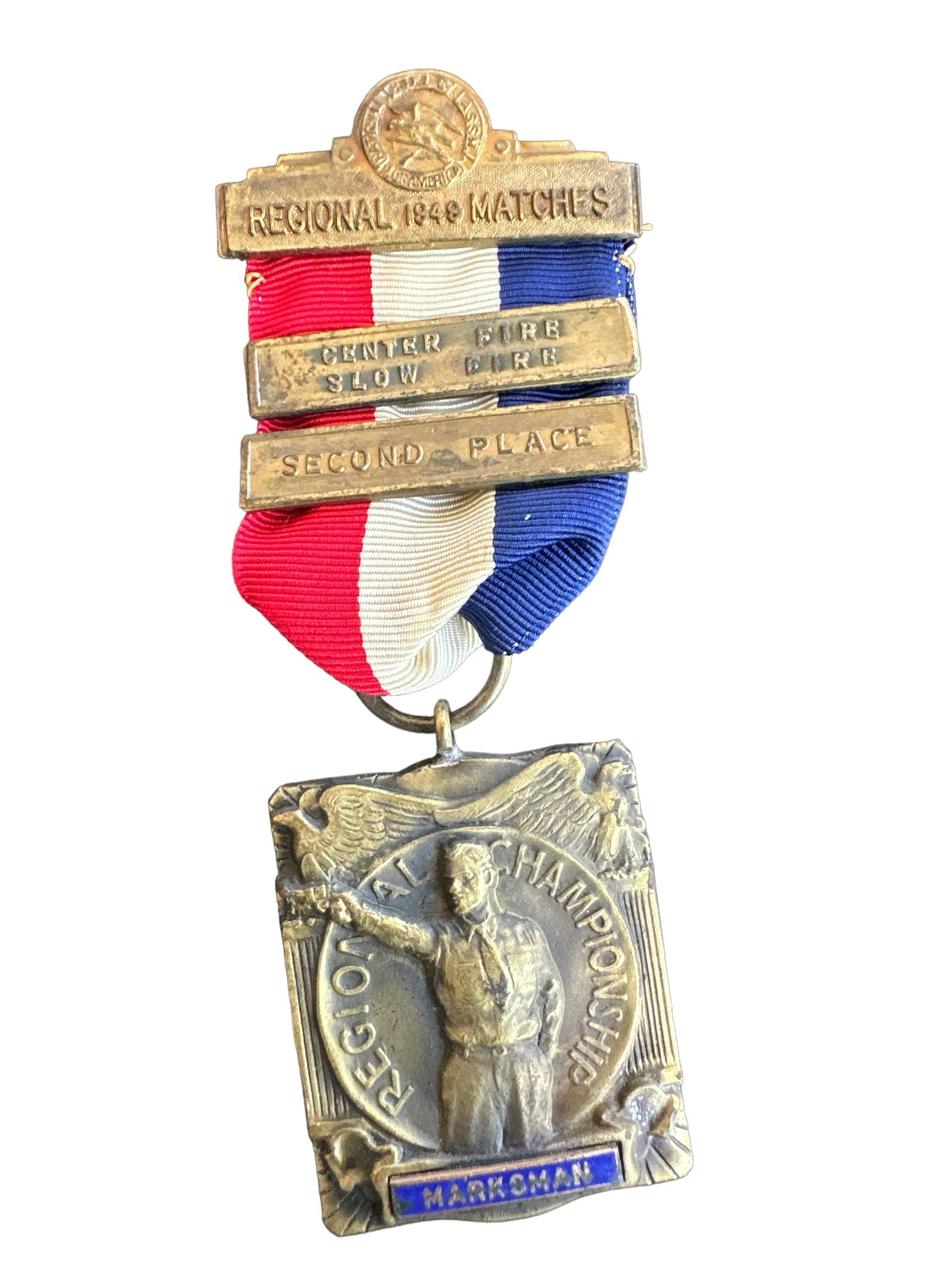 Vintage 1949 Regional Matches National Rifle Assn of America, Center Fire and Slow Fire.: National Rifle Association of America.1949 Regional Matches Center Fire & Slow Fire. Second Place. Awarded by Pistol Assn 1949. these medals symbolize excellence in shooting sports. Crafted with intri
