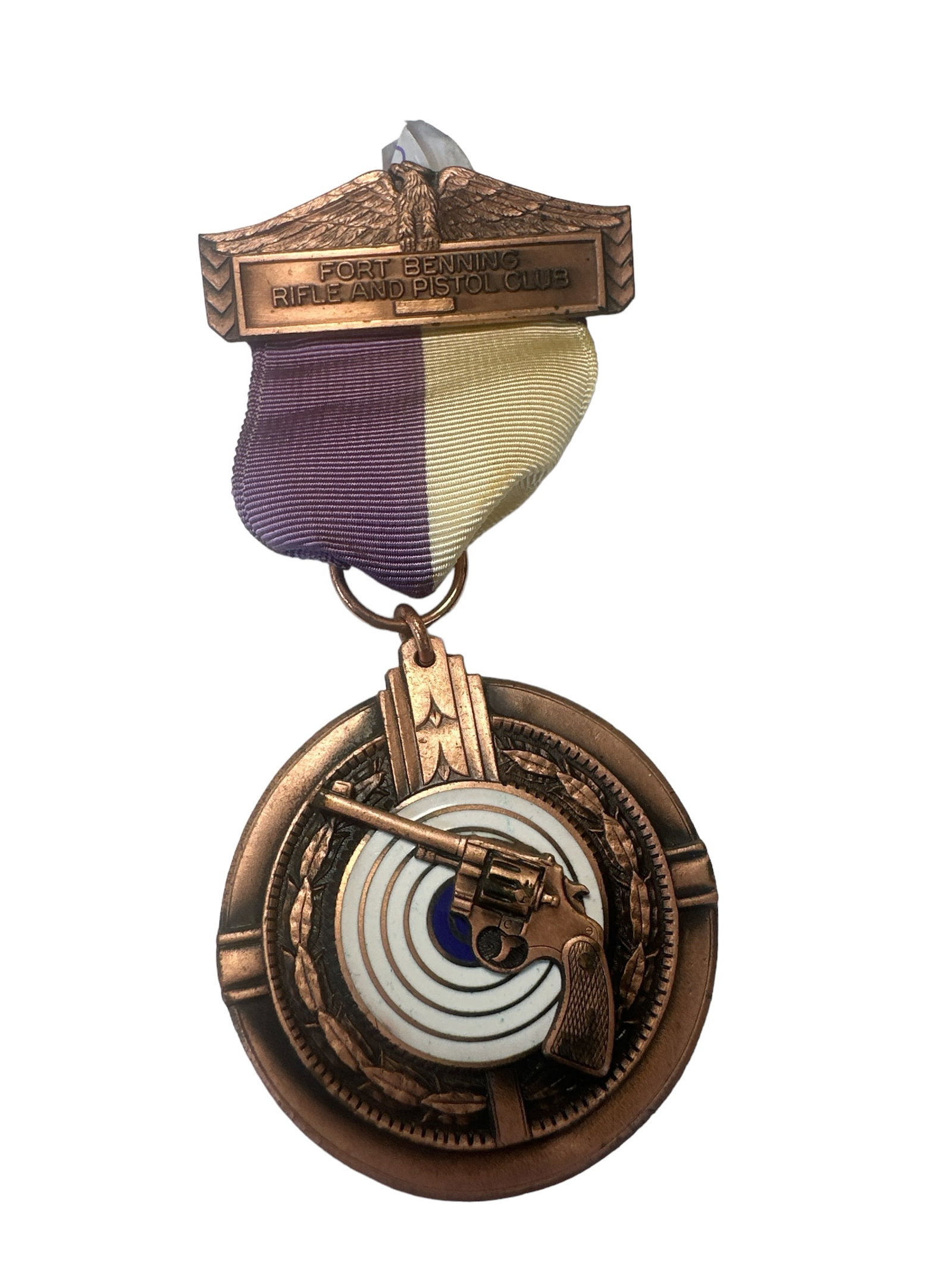 Fort Benning Rifle And Pistol Club Vintage Medal "Center Fire Aggregate "Second Sharpshooter": Fort Benning Rifle And Pistol Club Vintage Medal "Center Fire Aggregate "Second Sharpshooter". these medals symbolize excellence in shooting sports. Crafted with intricate details, the medals feature 