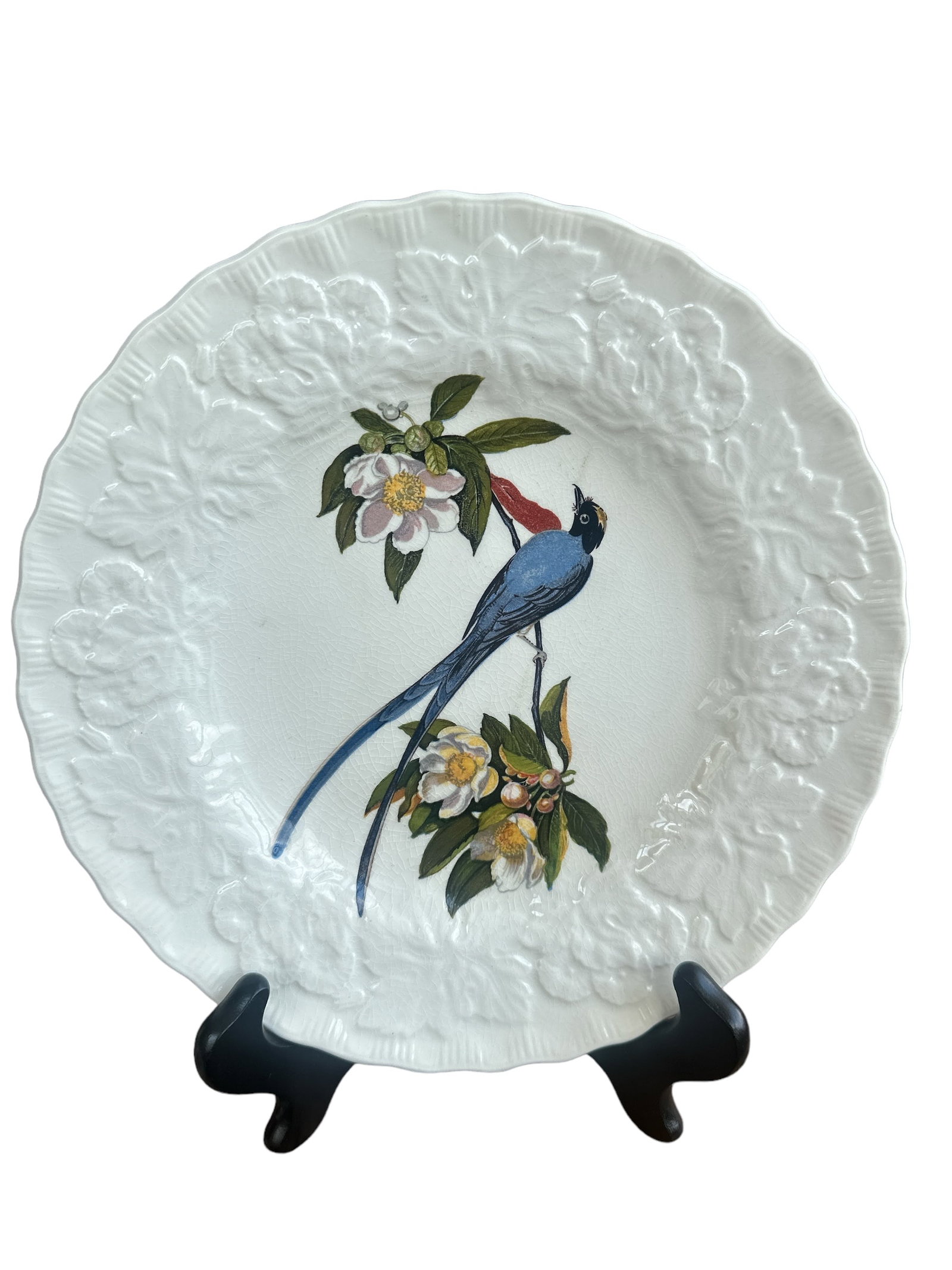 Alfred Meakin Birds of America "Fork Tailed Flycatcher" Salad Plate: The Alfred Meakin "Fork Tailed Flycatcher" salad plate, numbered 168 in the Birds of America series, features a delicate yet vibrant illustration of the now-extinct Fork Tailed Flycatcher. Crafted wit
