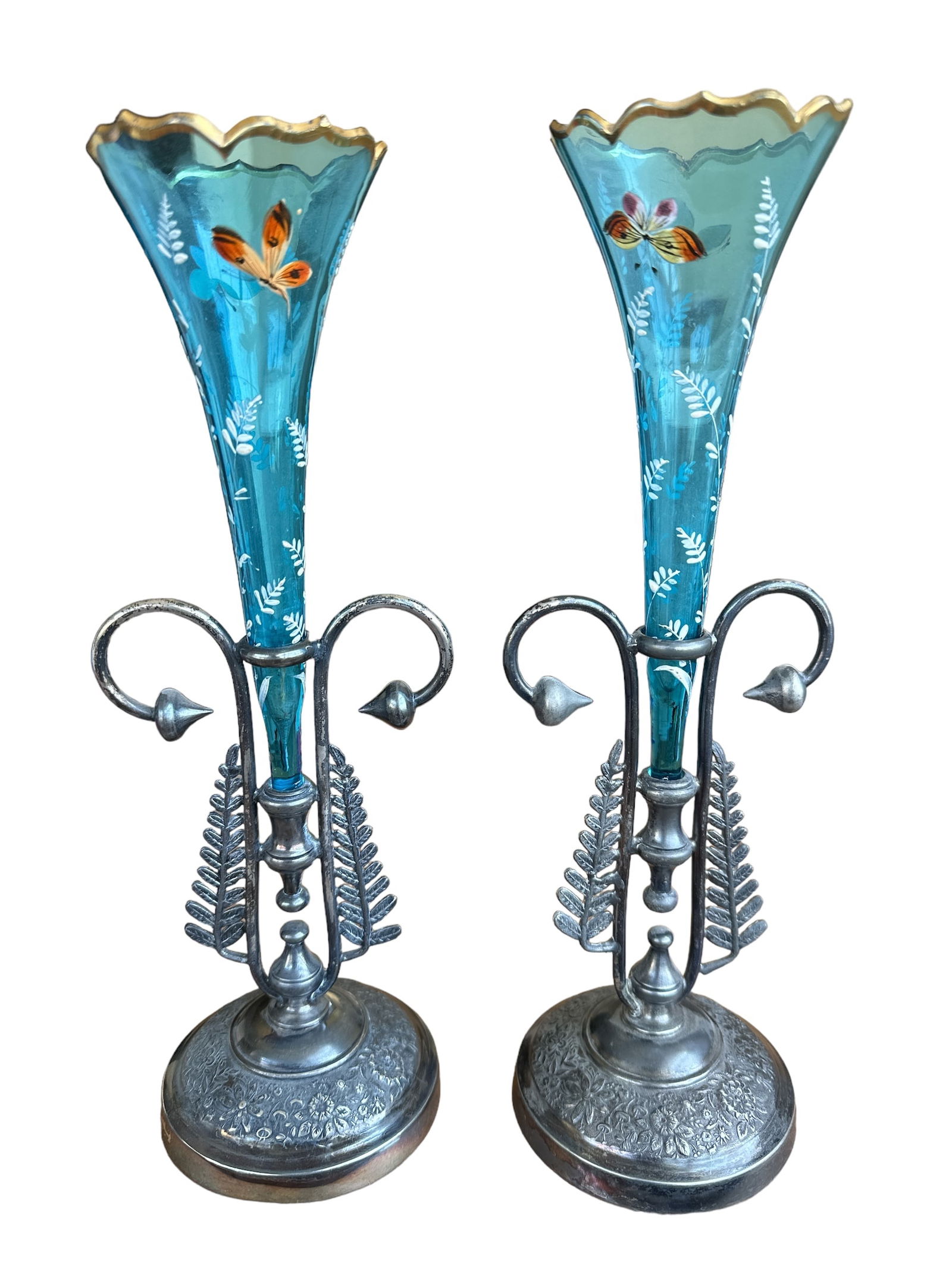 Vintage set of 2 Cobalt Glass and Silver plated Bud Vase S.A DESCHAUER (1 of 5)