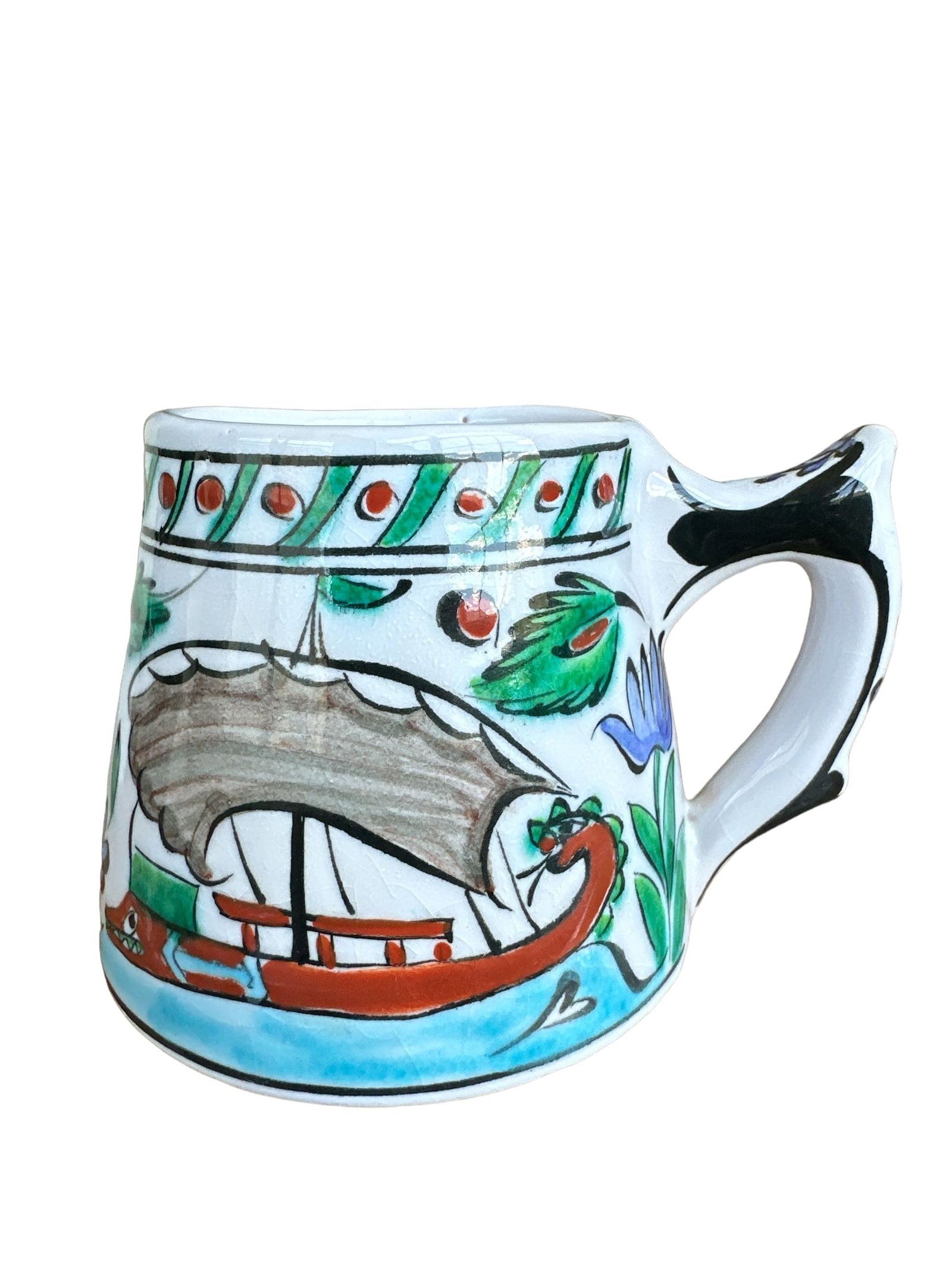 Vintage Handmade Cup RHODES GREECE by IKROS Pottery 1960: Vintage handmade cup from Rhodes, Greece, crafted by IKROS Pottery circa 1960. It stands 3.9 inches tall, measures 3.25 inches wide, and weighs 0.50 lbs. A timeless piece of artisanal pottery, perfect