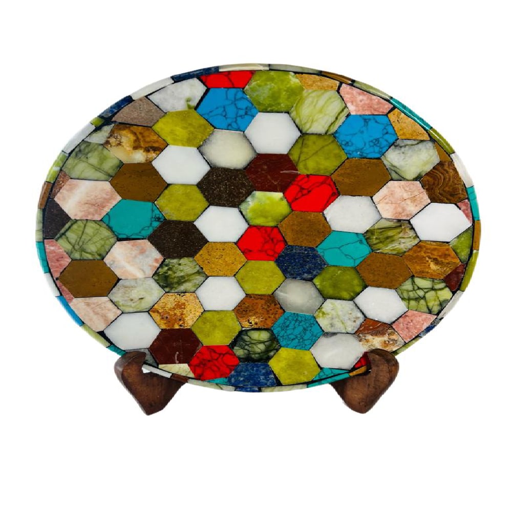 Lapis and Marble handmade plate: Made In: AfghanistanMaterials: marbles and lapisColor: Multi colorDimensions: width 20cm, height 3cm, weight 1.08 lb:oz. Handmade and crafted from exquisite marbless..