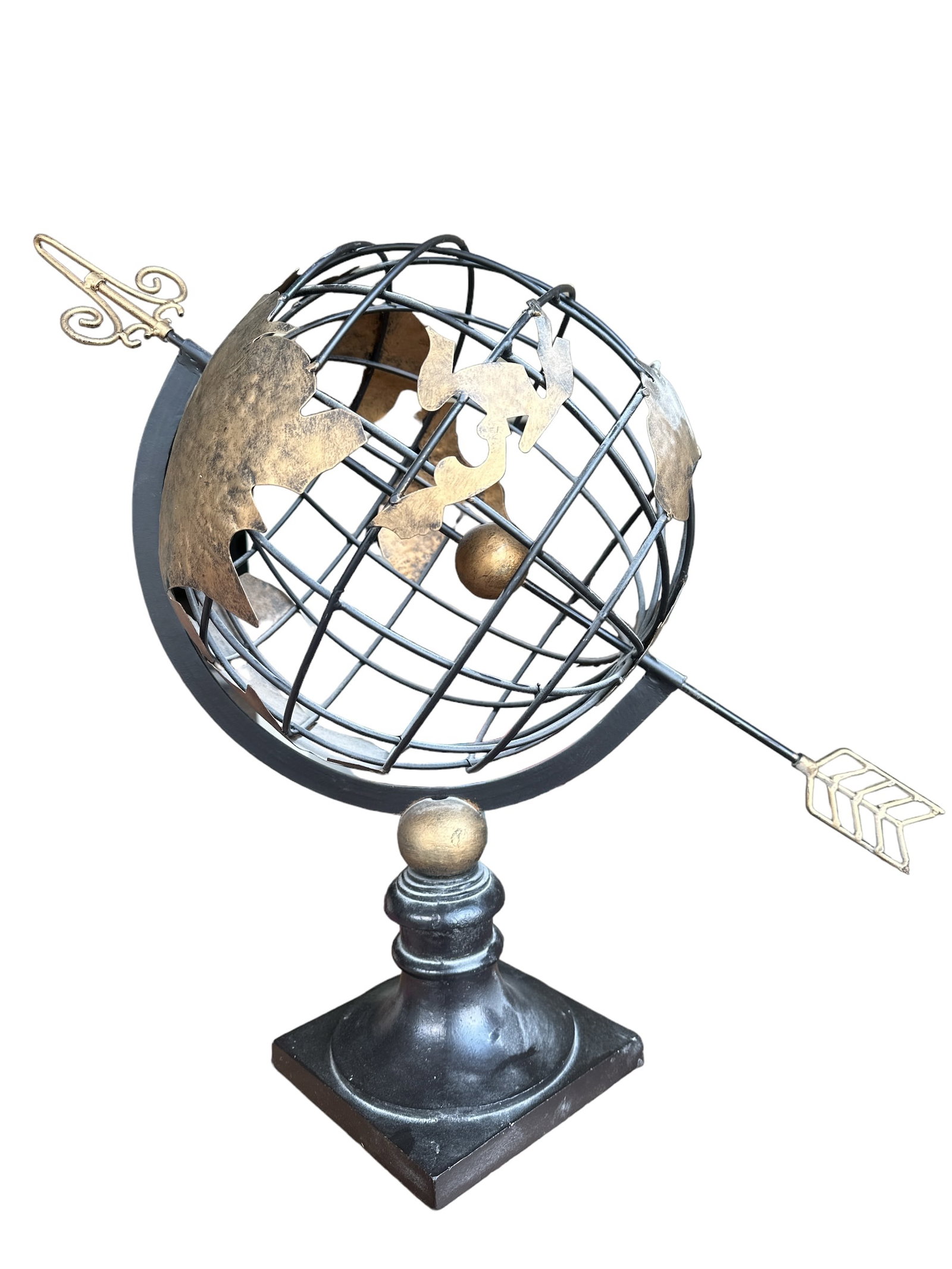 Rustic Patina GLOBE: Heavy Cast Iron and Metal: This "Rustic Patina GLOBE," crafted from heavy cast iron and metal, is offered in good condition and weighs approximately 12.90 lbs. Embodying a weathered charm, it combines sturdy construction with a
