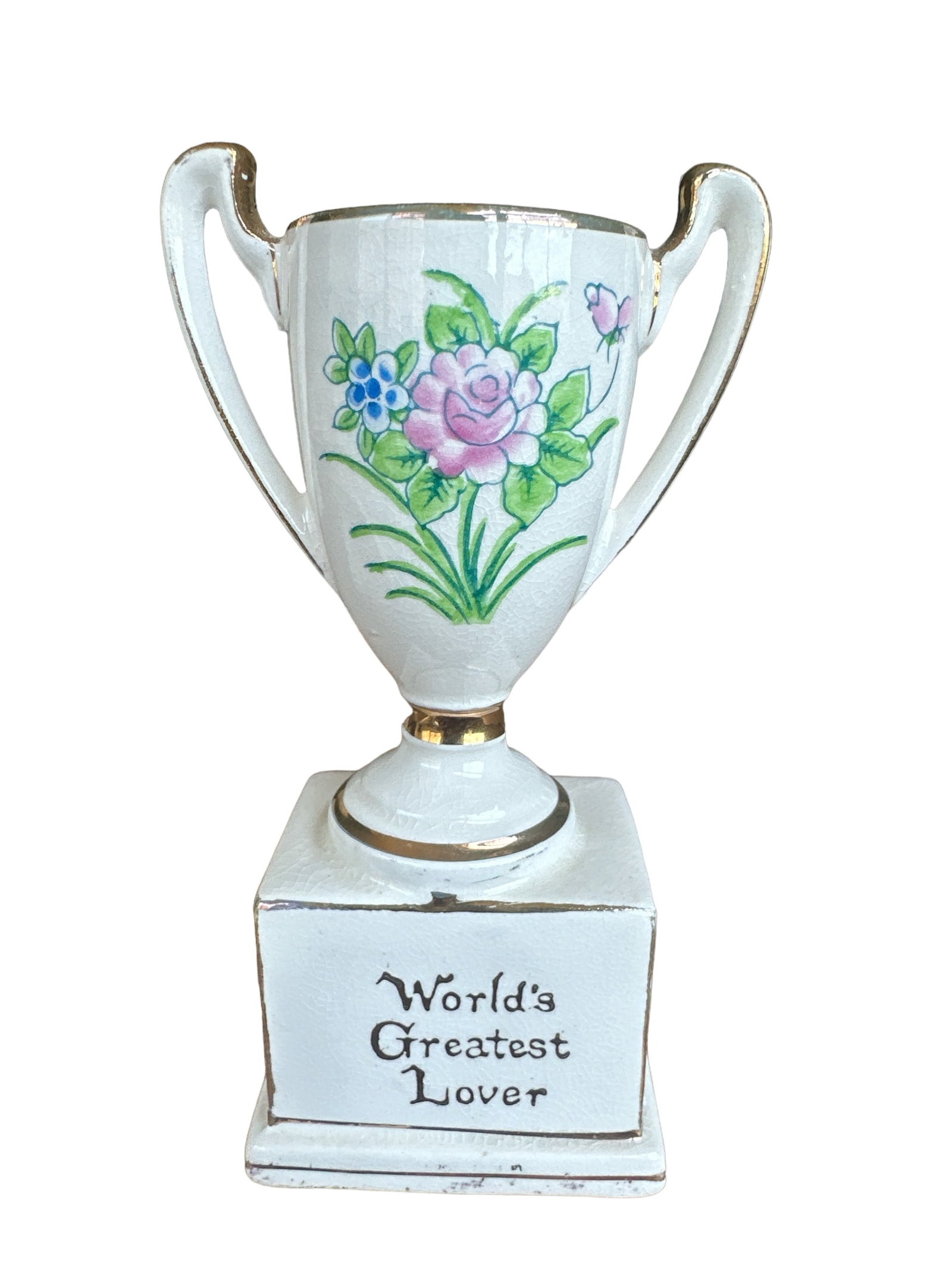 Vintage TILSO JAPAN World's Greatest Lover Award Trophy 52/738: Vintage TILSO JAPAN "World's Greatest Lover" award trophy made of porcelain. Stands 5 inches tall, 2.5 inches wide, and weighs 0.30 lbs. This limited edition piece is numbered 52 out of 738, adding a 