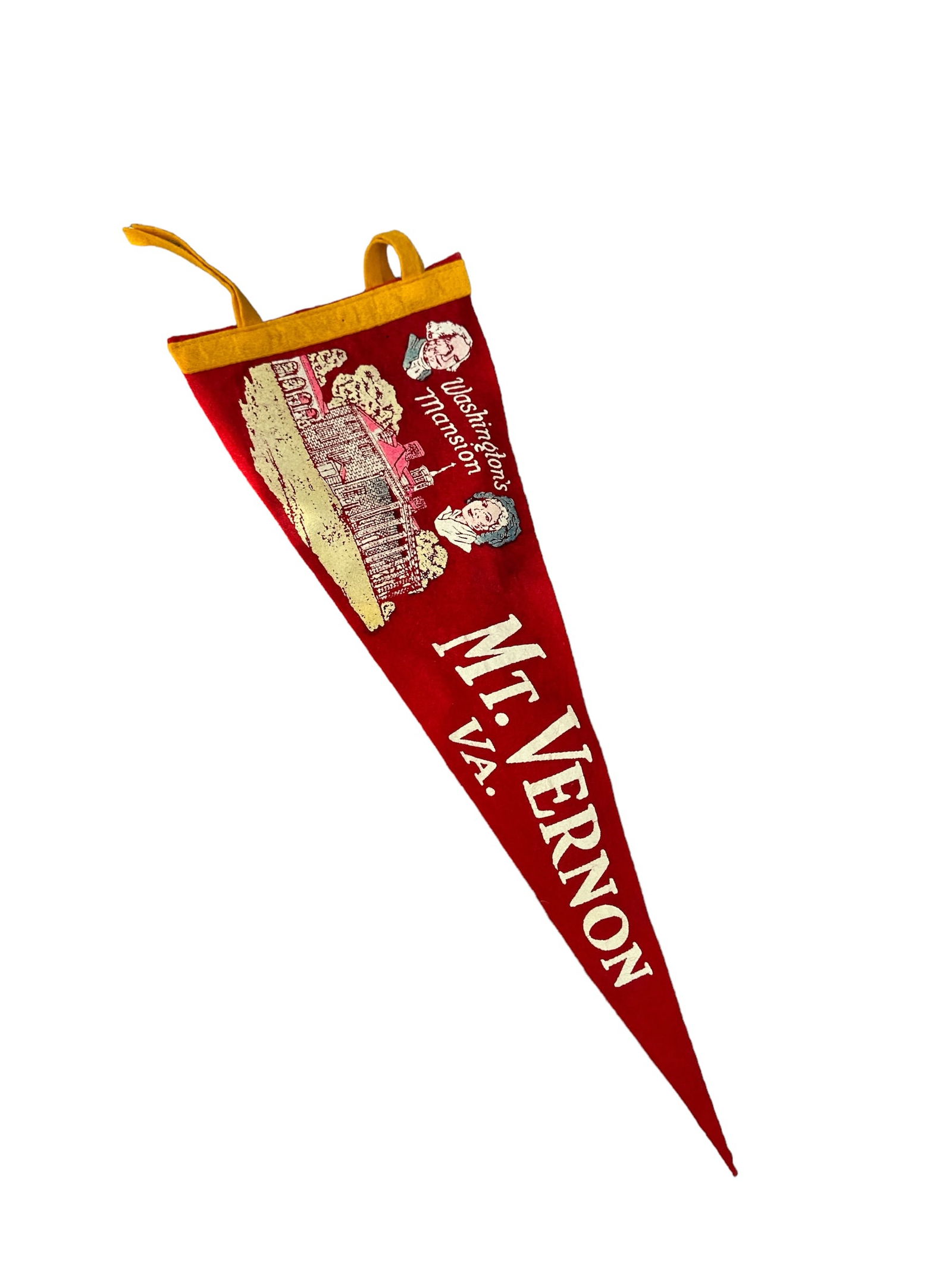 Vintage pennant featuring Washington's Mansion at Mount Vernon, Virginia: Vintage pennant featuring Washington's Mansion at Mount Vernon, Virginia. A nostalgic piece of historical memorabilia perfect for collectors of American history or Washington enthusiasts.