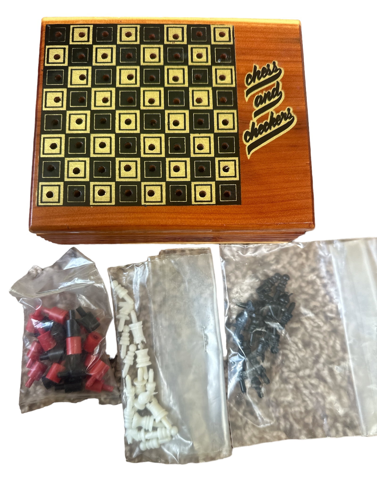 Vintage Skyline Coverns Wooden Chess and Chekers: Vintage Skyline Coverns Wooden Chess and Checkers set, crafted in Front Royal, VA. This beautifully made wooden set includes all necessary pieces for both chess and checkers, housed in a sturdy and el