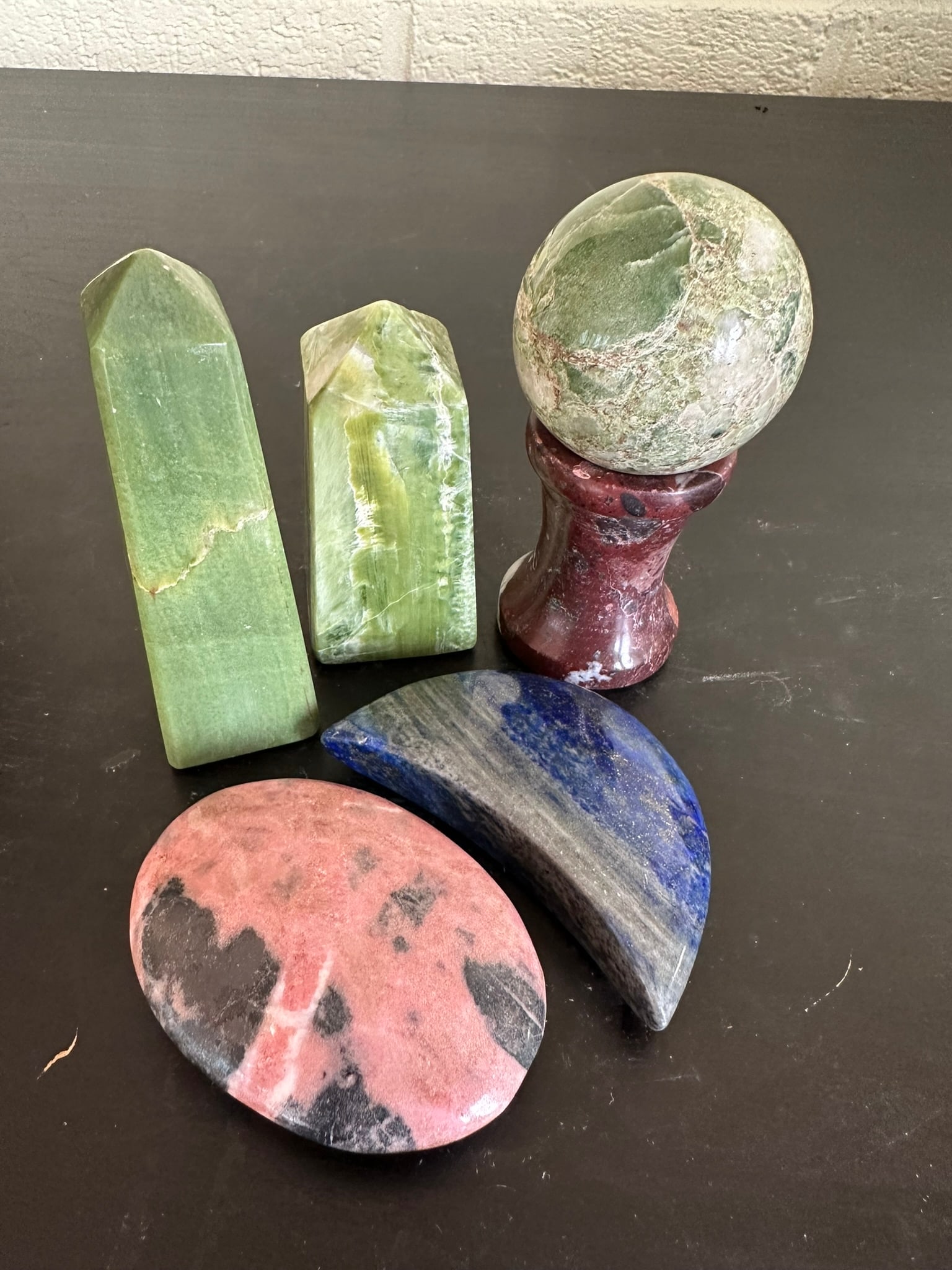 Lot of 5 Tremolite, rhodonite, and lapis  Crystal Towers, sphere, pump and moon shape  1.25 lbs (1 of 5)