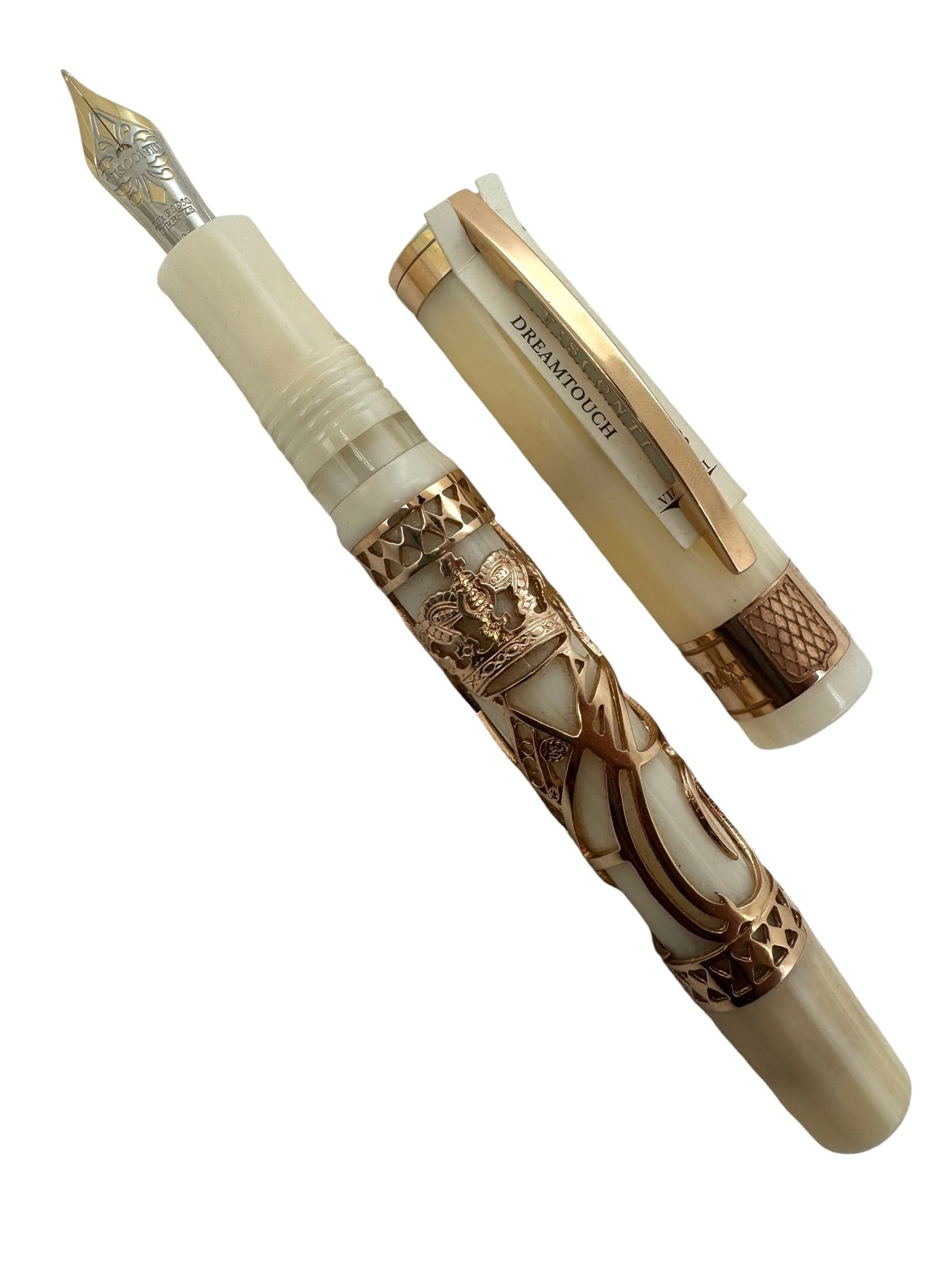 Visconti Monaco Royal Princely Wedding 23K Fontaine Pen: Monaco Royal Princely Wedding Limited Edition Fountain Pen.Commemorates the 2011 wedding between HSH Albert Il of Monaco and Miss Charlotte Wittstock.Ivory resin, 23k rose gold plated filigree and tri