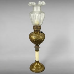 Late 19th Century B&H Brass Oil Lamp, Electric Conversion, Alabaster Stem