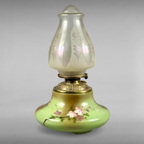 Victorian Hand-Painted Green Porcelain Oil Lamp with Cherry Blossoms & Plume Burner