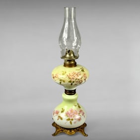 Late 20th Century Oil Lamp with Pale Green Milk Glass and Pink Apple Blossoms