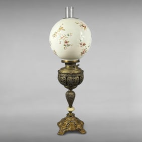 Electrified Victorian Brass Filigree Oil Lamp with Hand-Painted Floral Glass Shade