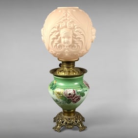 Antique Satin-Finish Pressed Cherub Glass Rose Converted Oil Lamp: Circa 1900–1915