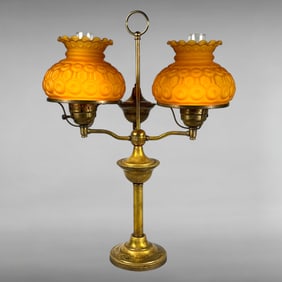 Antique Brass Double-Arm Student Lamp with L.E. Smith Shades