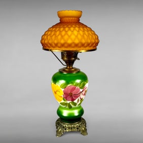 Vintage Victorian-Inspired Mid-20th Century Green Glass Parlor Lamp