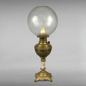 Antique The New Juno No. 2 Oil Lamp Converted to Electric with Etched Glass Globe