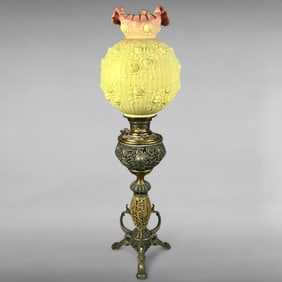 Antique Edward Miller & Co. Converted Oil Lamp with Fenton Burmese Shade