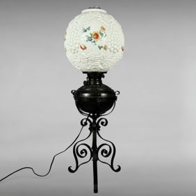 Early 20th-Century American Converted Oil Lamp with Milk-Glass Globe