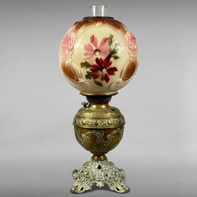 Victorian Floral Hand-Painted Brass Oil Lamp with Electric Conversion