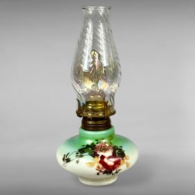 Victorian-Inspired Hand-Painted Converted Oil Lamp with Iridescent Globe