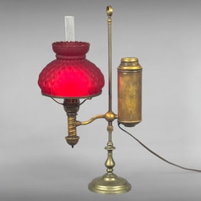  Late-19th-Century Converted Student Lamp with Ruby Glass Shade