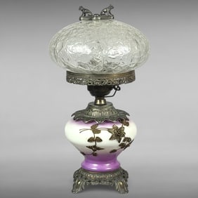 Victorian Inspired Opalescent Glass Parlor Lamp with Crackle Shade and Fox Finial