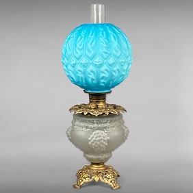 Vintage Blue Opalescent Quilted Shade Grape Motif Frosted Glass Oil Lamp Converted to Electric