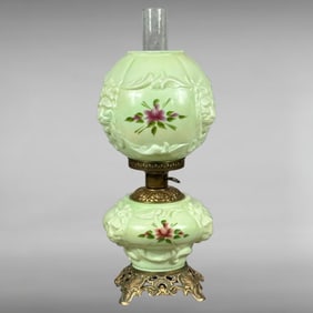 Vintage Jadeite Green Milk Glass Lamp with Hand-Painted Roses and Embossed Lion Heads